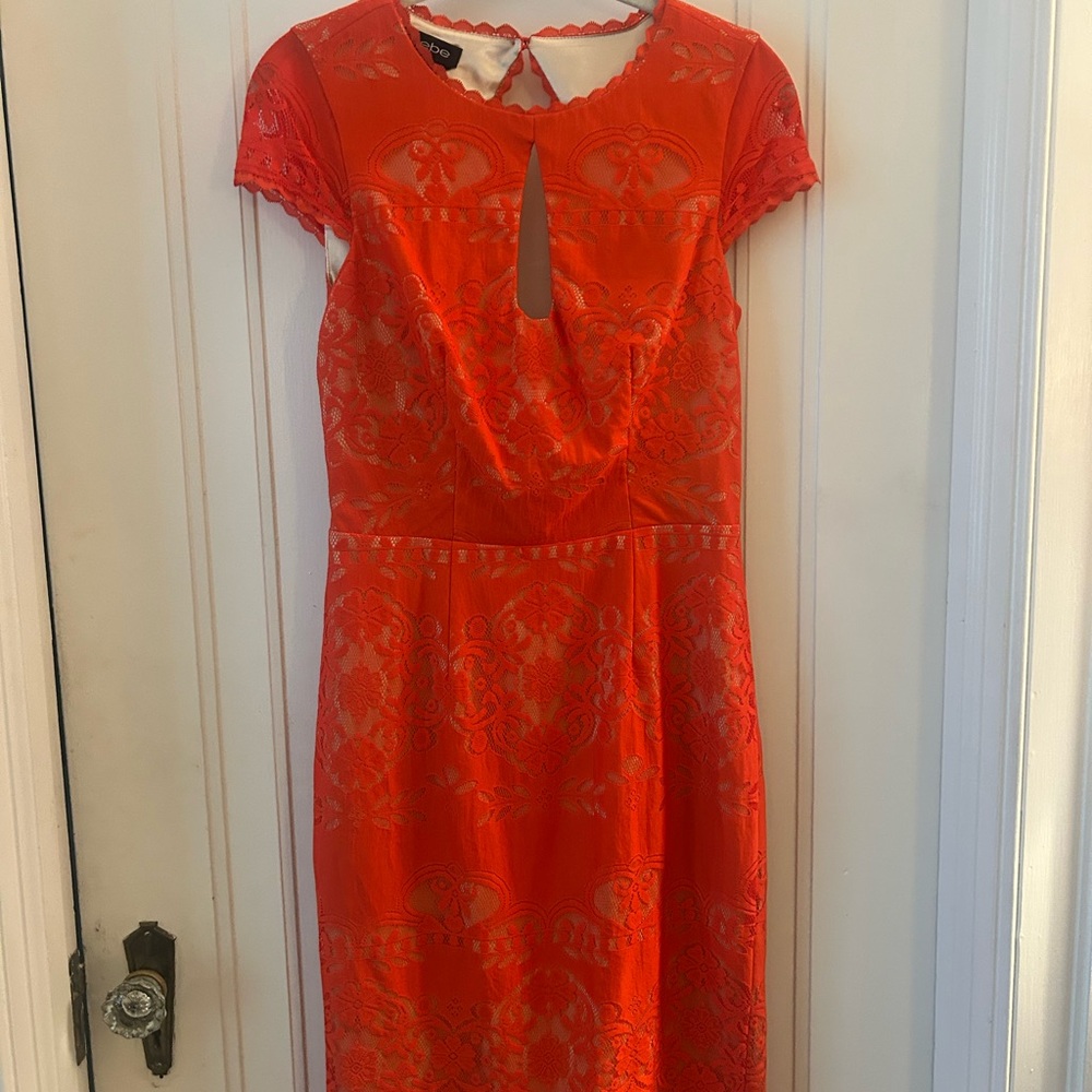 bebe Vibrant Orange Lace Midi Dress